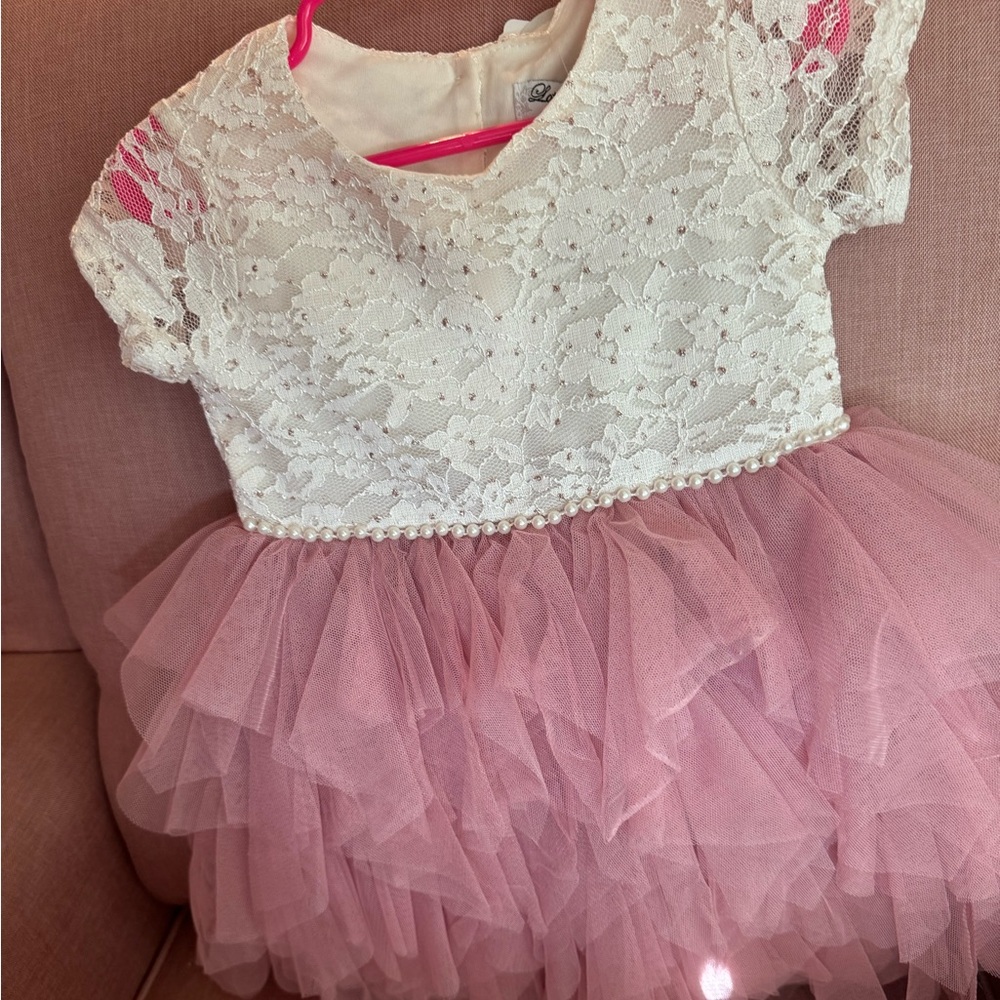 Lace baby tutu dress. Ivory and pink/ mauve with pearls.
